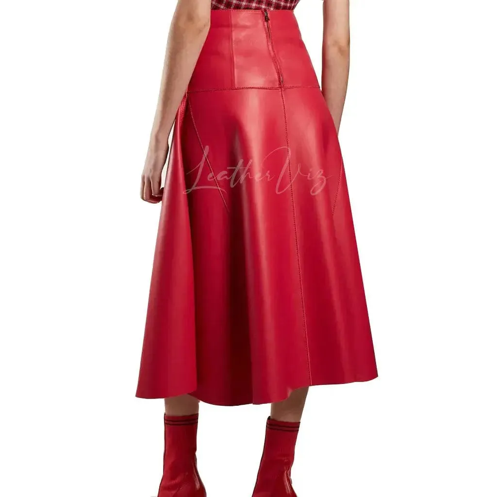 Handmade Genuine  Leather Women's Red A Line Skirt