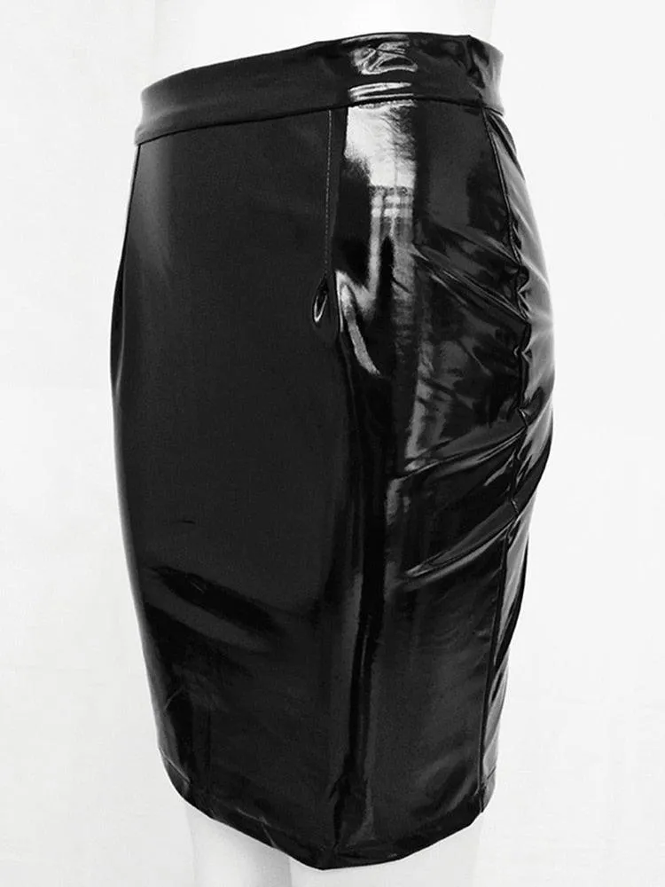 High Waist Shiny Faux Leather Pencil Skirt