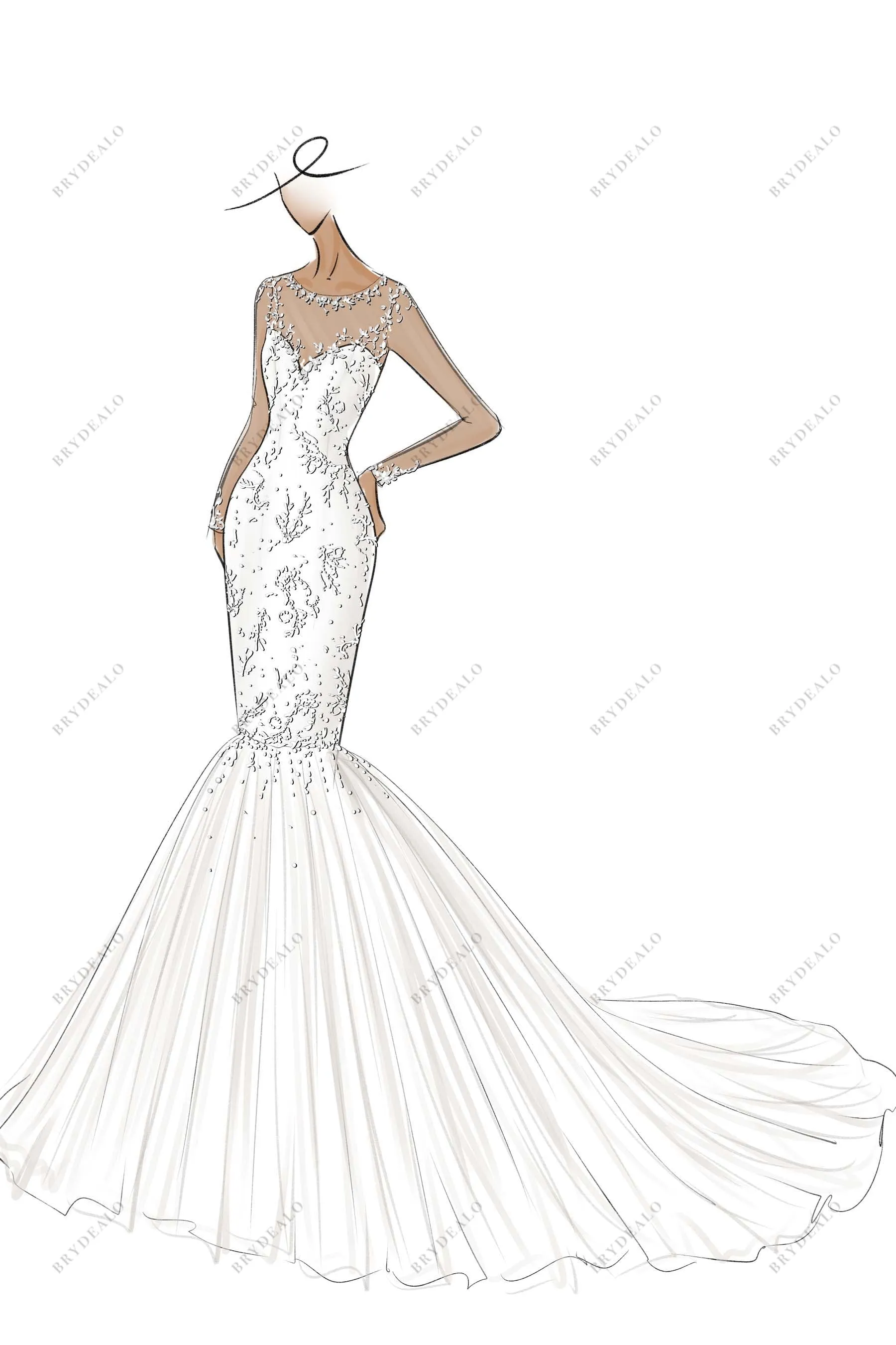 Illusion Neck Designer Lace Trumpet Bridal Dress Sketch