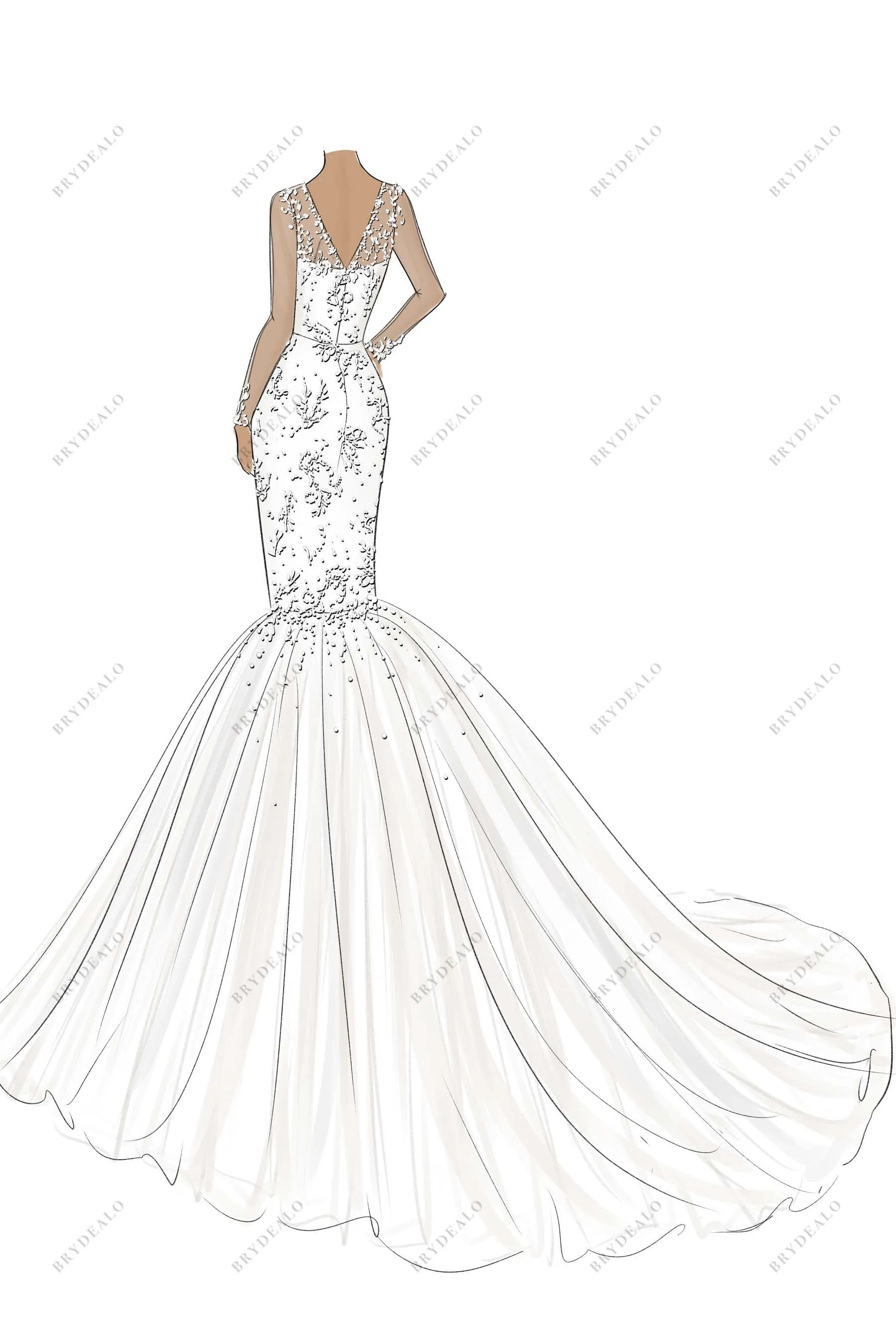 Illusion Neck Designer Lace Trumpet Bridal Dress Sketch