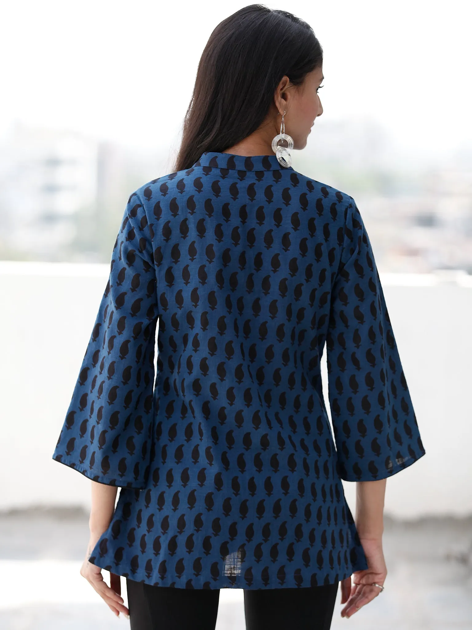 Indigo Black Neck Embroidered Hand Block Printed Cotton Top  - T67F1892