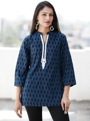 Indigo Black Neck Embroidered Hand Block Printed Cotton Top  - T67F1892