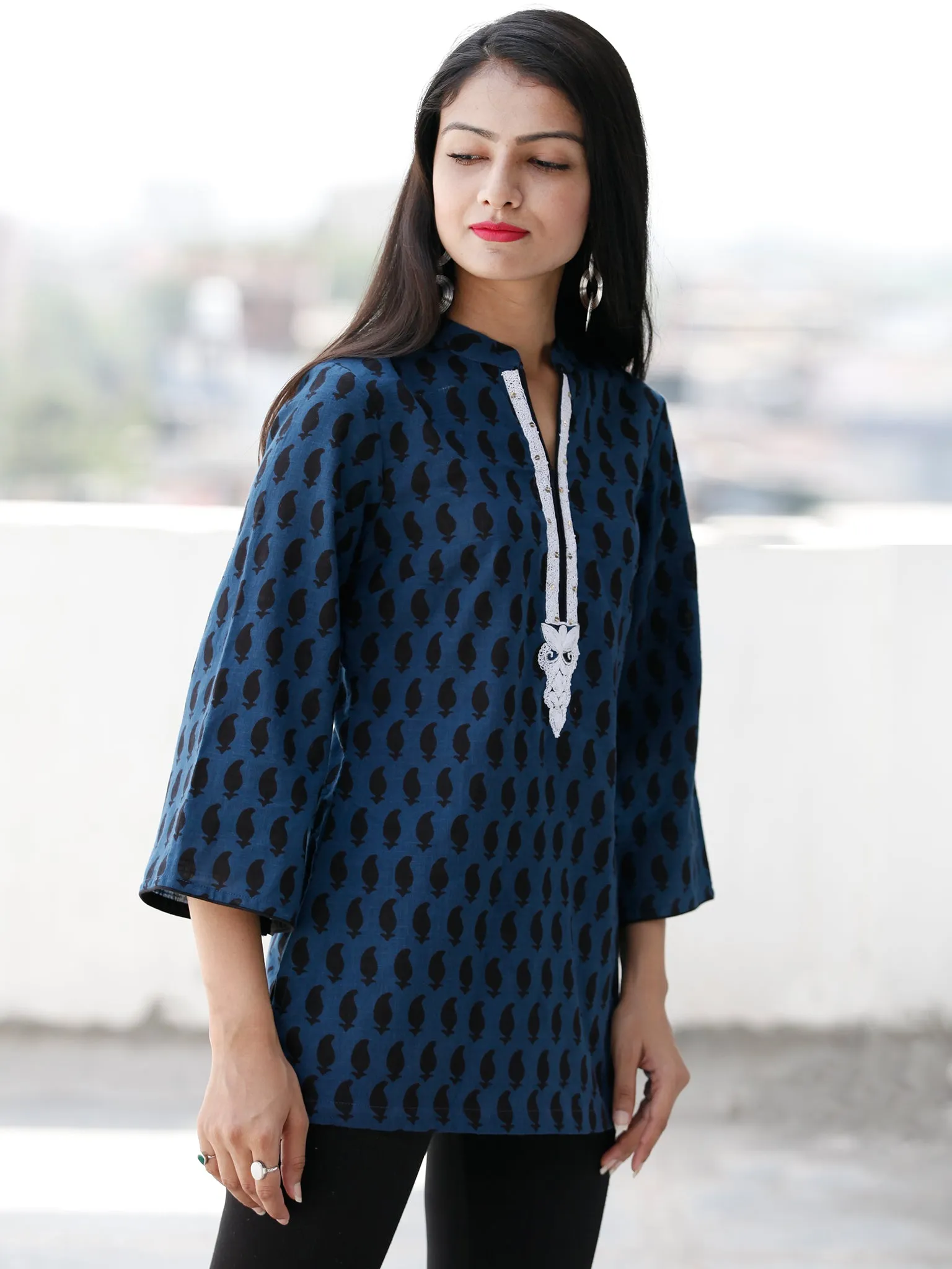 Indigo Black Neck Embroidered Hand Block Printed Cotton Top  - T67F1892