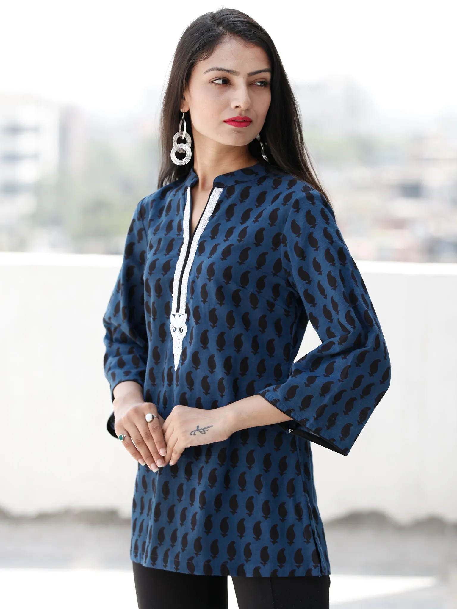 Indigo Black Neck Embroidered Hand Block Printed Cotton Top  - T67F1892