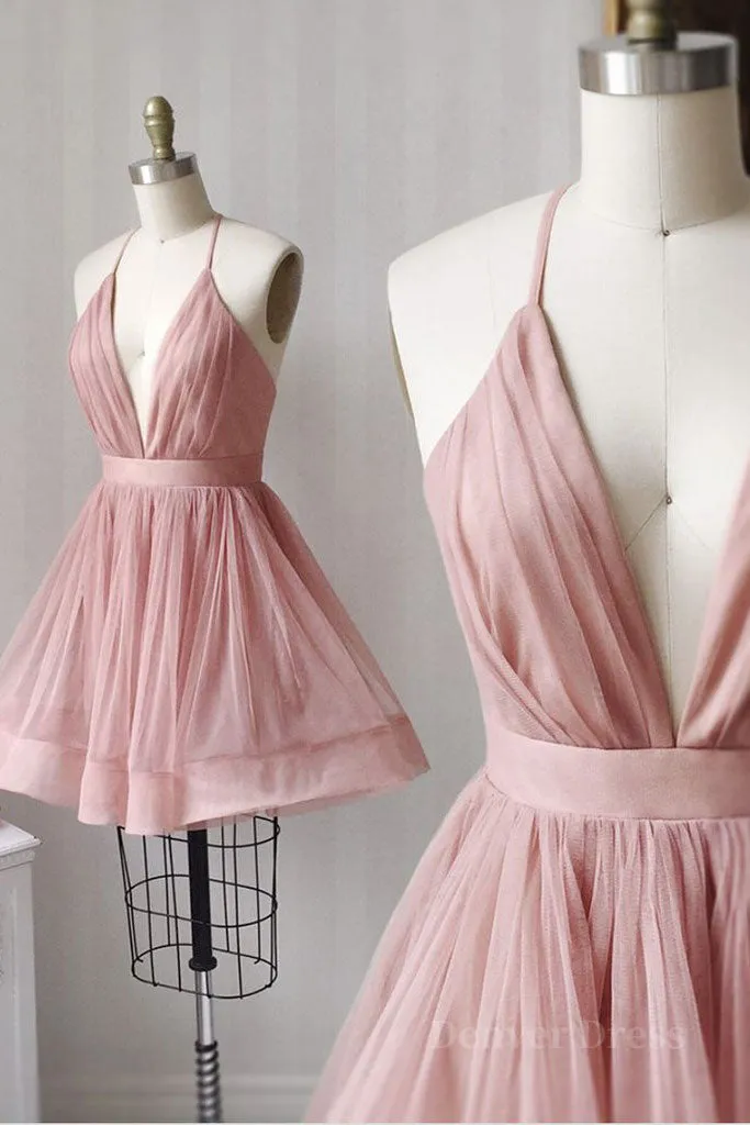 kamahe Simple v neck tulle pink short prom dress pink bridesmaid dress