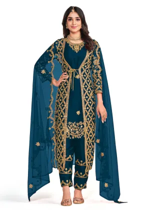 Koti Style Engaging Teal Patterned Festive Salwar Suit