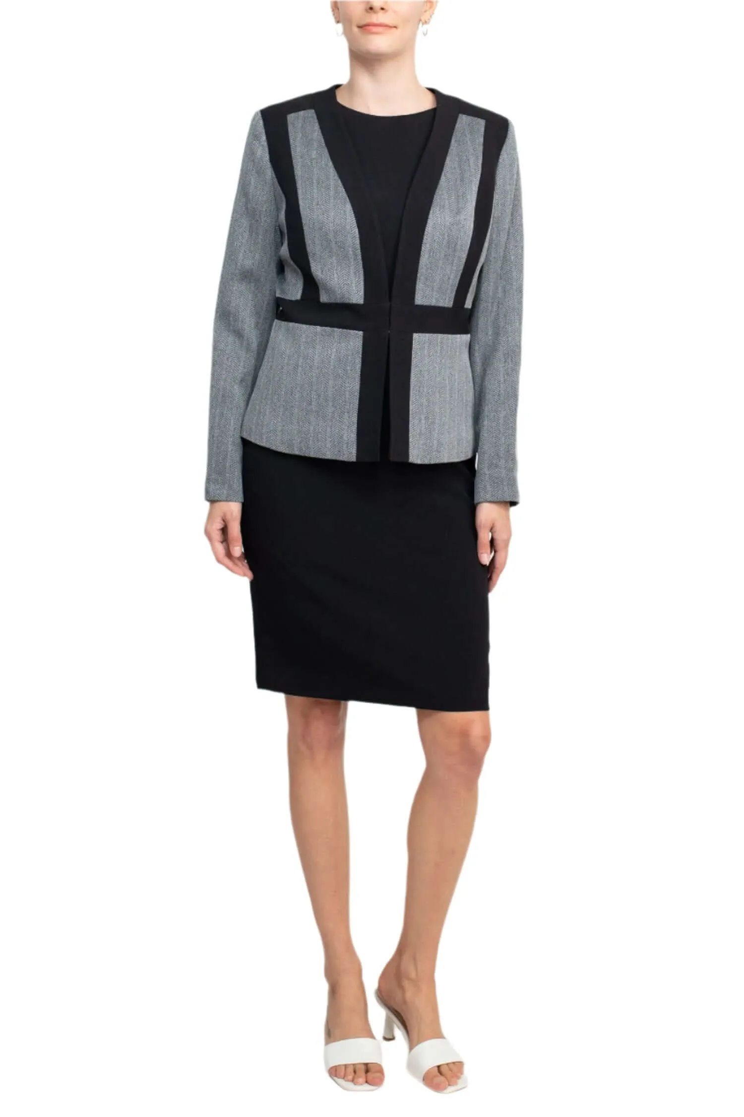 Le Suit Boat Neck Sleeveless Solid Zipper Back Short Crepe Dress with Melange Herringbone Framed Cardi Jacket  (Two Piece)