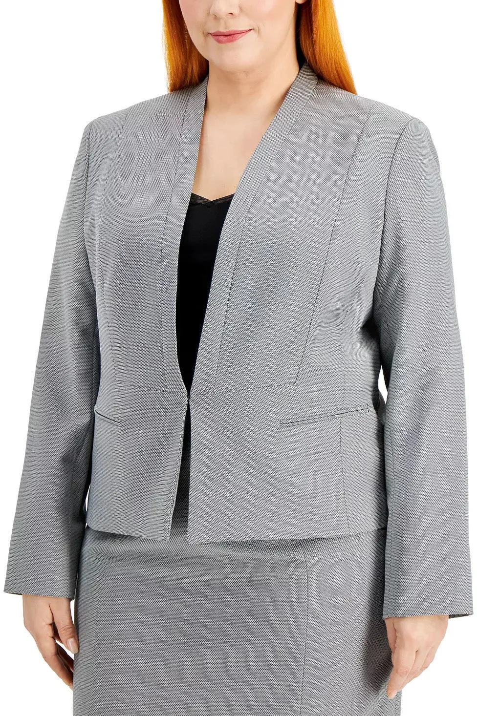 Le Suit Collarless Hook & Eye Closure at Front Shoulder Pads Side Welt Pockets Crepe Jacket with Skirt (Plus Size)