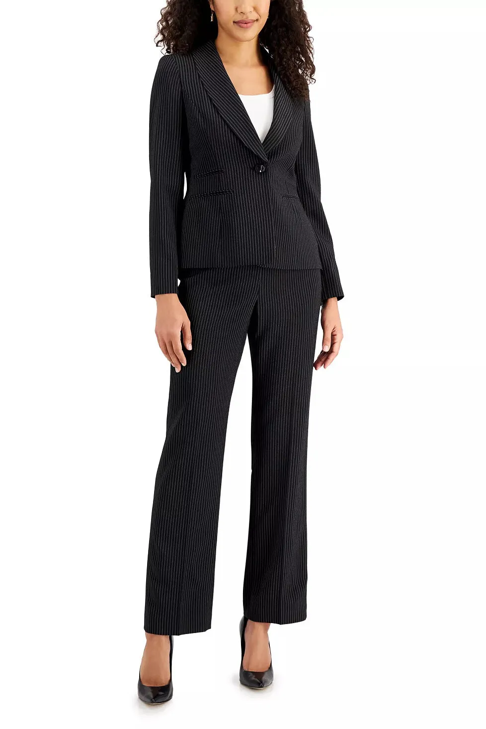 Le Suit Notched Collar 1 Button Jacket Hook Zipper Closure Crepe Pants (Petite)