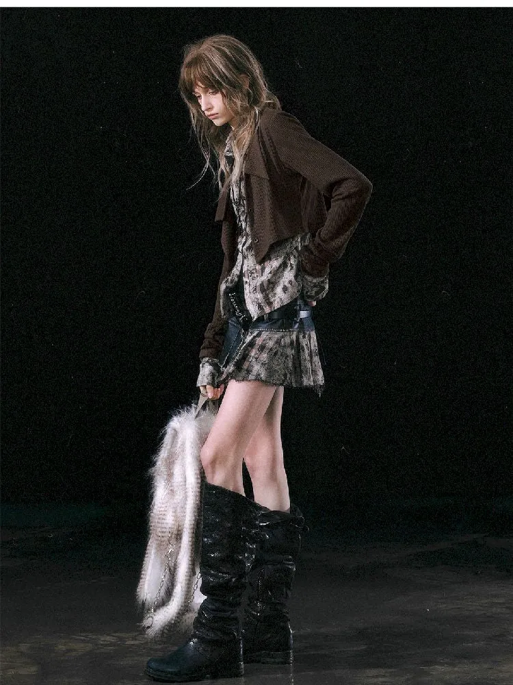 Leather Patchwork Plaid Pleated Skirt【s0000010751】