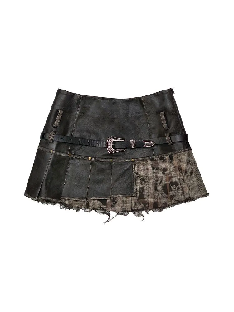 Leather Patchwork Plaid Pleated Skirt【s0000010751】