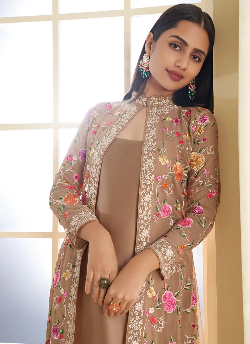 Light Brown Multi Floral Embroidery Jacket Style Pant Suit