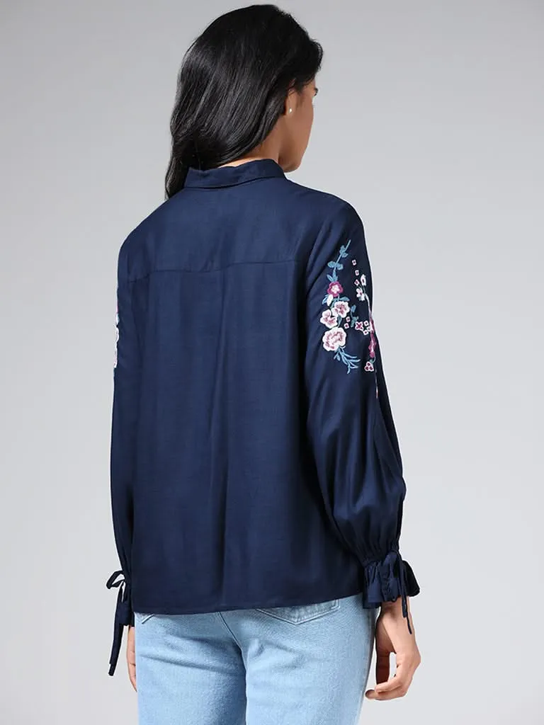 LOV Navy Blue Floral Embroidered Shirt