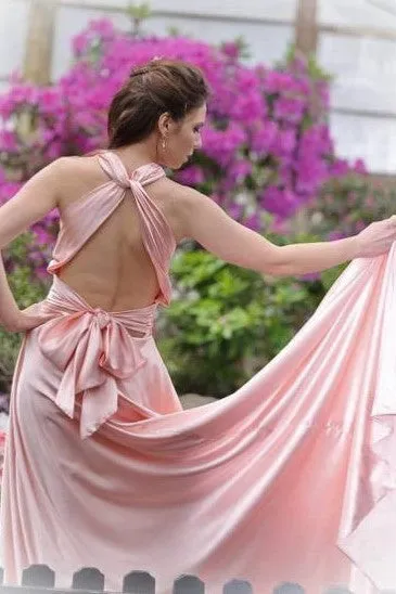 MELODY Low Open Back A-Line Evening Gown in Blush Silk