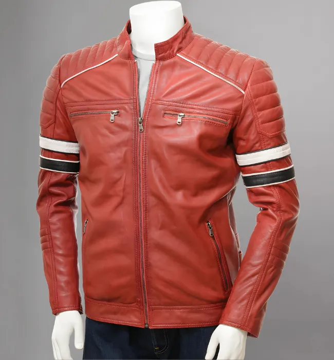 Mens Café Racer Red Striped Shoulder Padded Leather Jacket