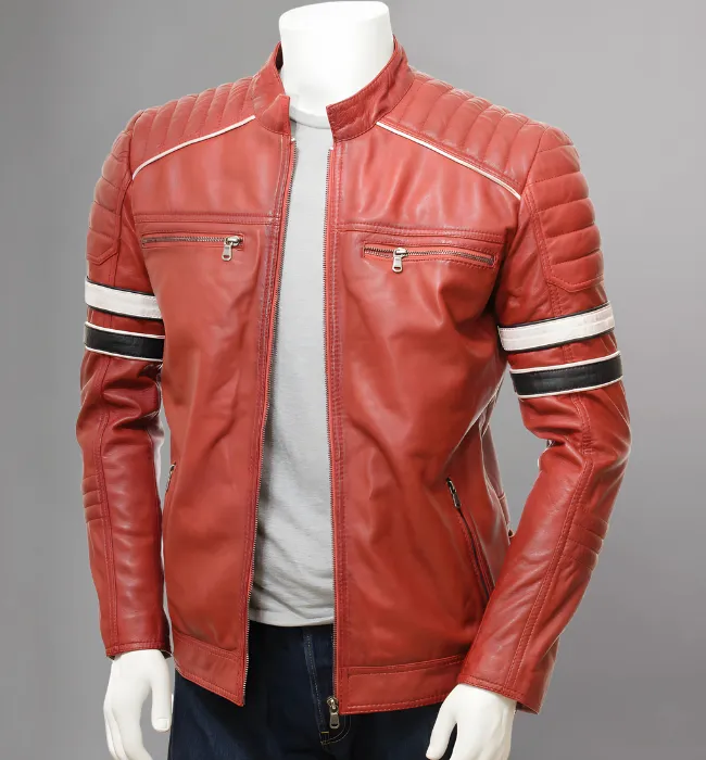 Mens Café Racer Red Striped Shoulder Padded Leather Jacket