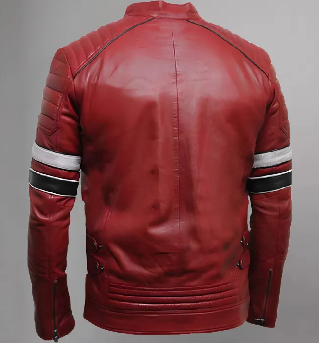 Mens Café Racer Red Striped Shoulder Padded Leather Jacket