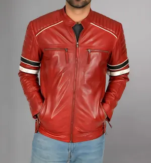 Mens Café Racer Red Striped Shoulder Padded Leather Jacket