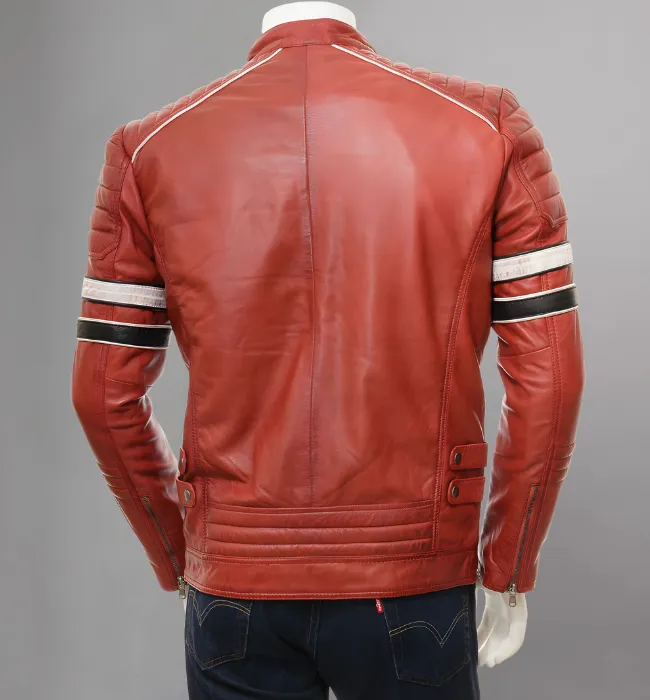 Mens Café Racer Red Striped Shoulder Padded Leather Jacket