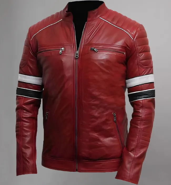 Mens Café Racer Red Striped Shoulder Padded Leather Jacket