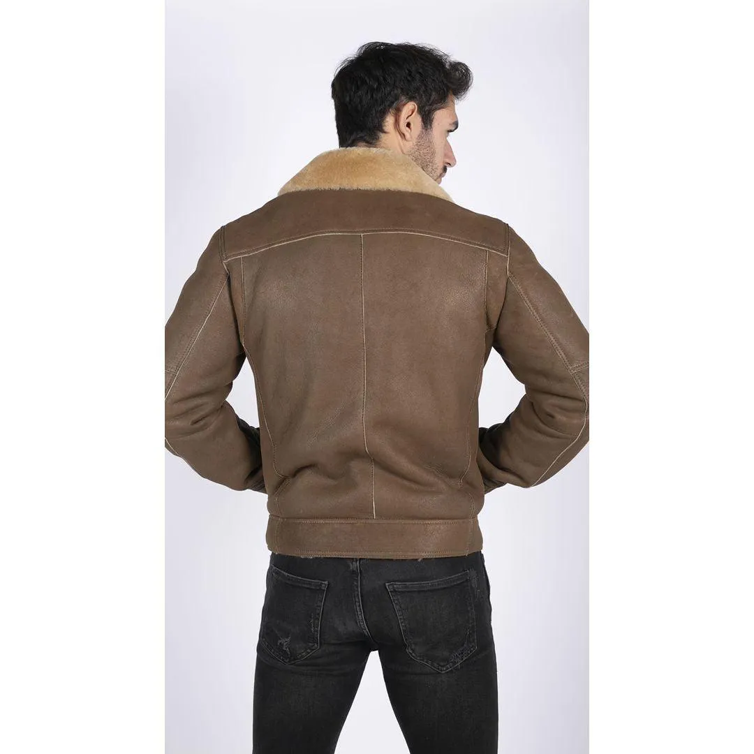 Mens Genuine Sheepskin Leather Cross Zip Flying Aviator Jacket Camel Brown Fur