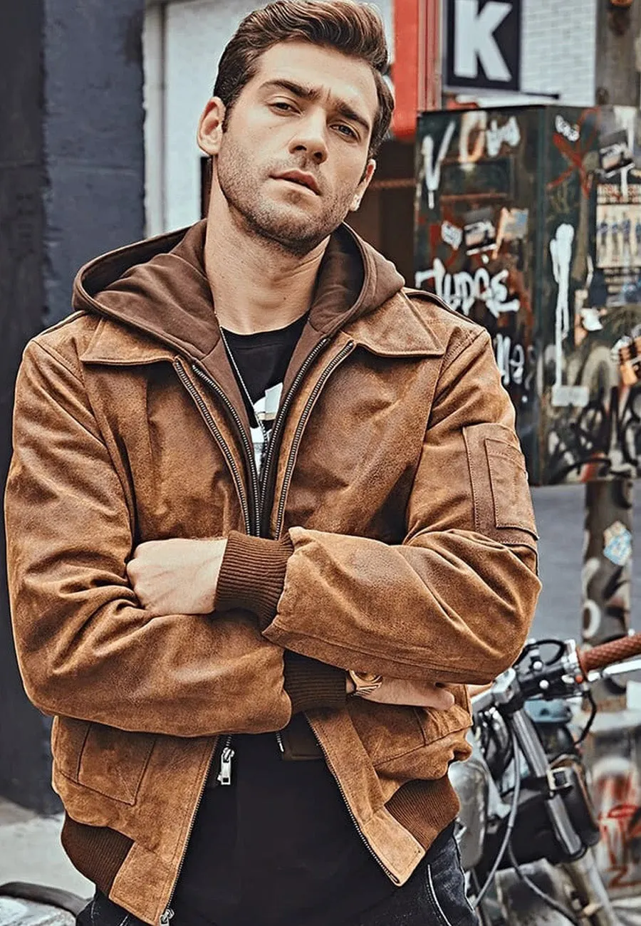 Men’s Tan Brown Distressed Leather Removable Hood Bomber Jacket