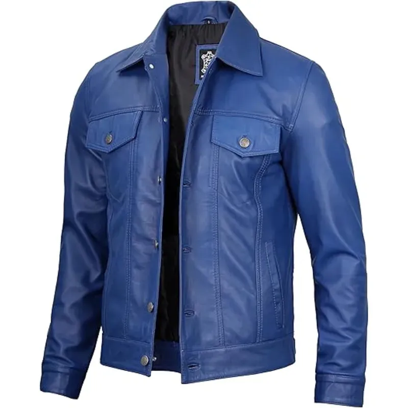 Men's Trucker Blue Leather Jacket