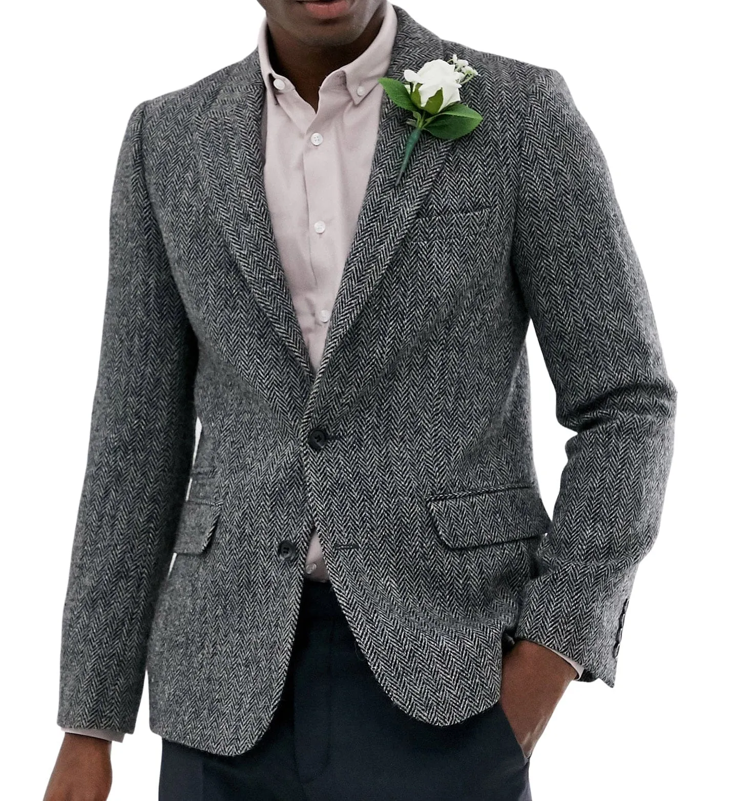 Men's Wool Herringbone Formal Notch Lapel Blazer