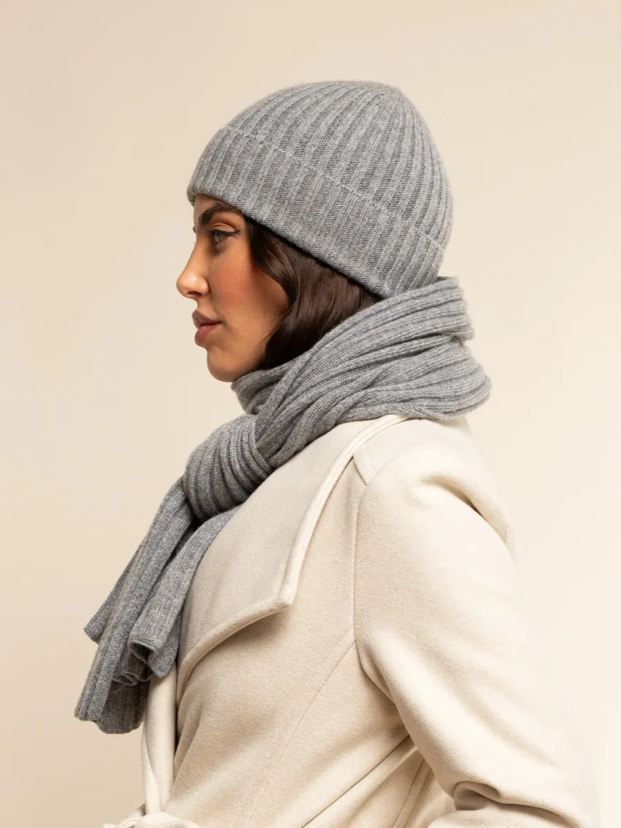 Milano (light grey) - 100% cashmere ribbed beanie (unisex)