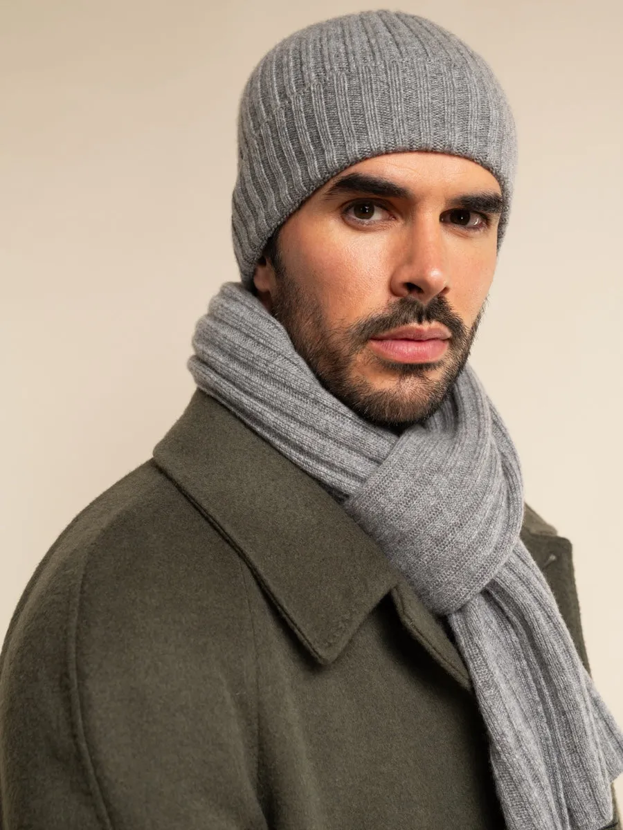 Milano (light grey) - 100% cashmere ribbed beanie (unisex)