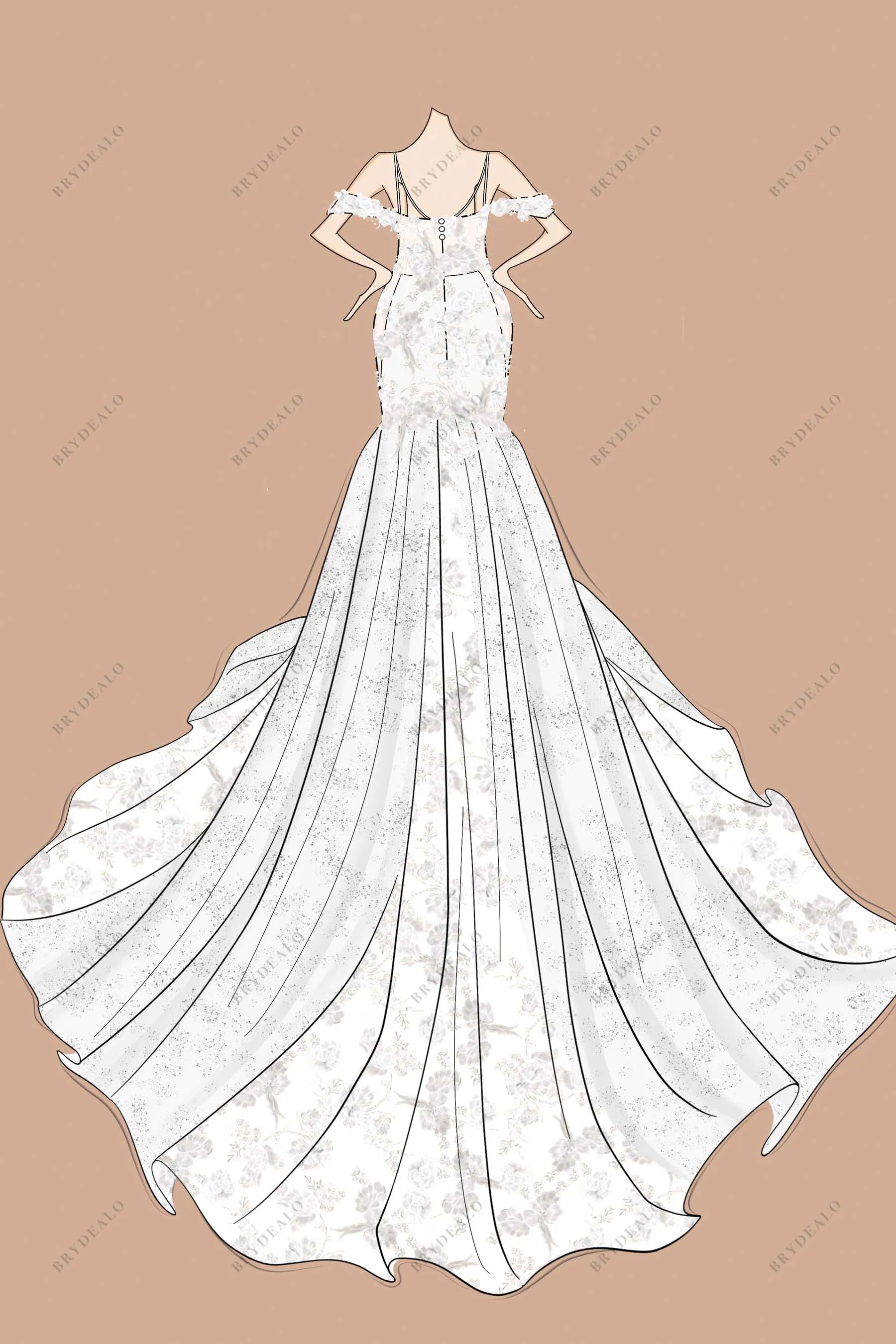 Modern Off-shoulder Custom Lace Trumpet Wedding Dress Sketch