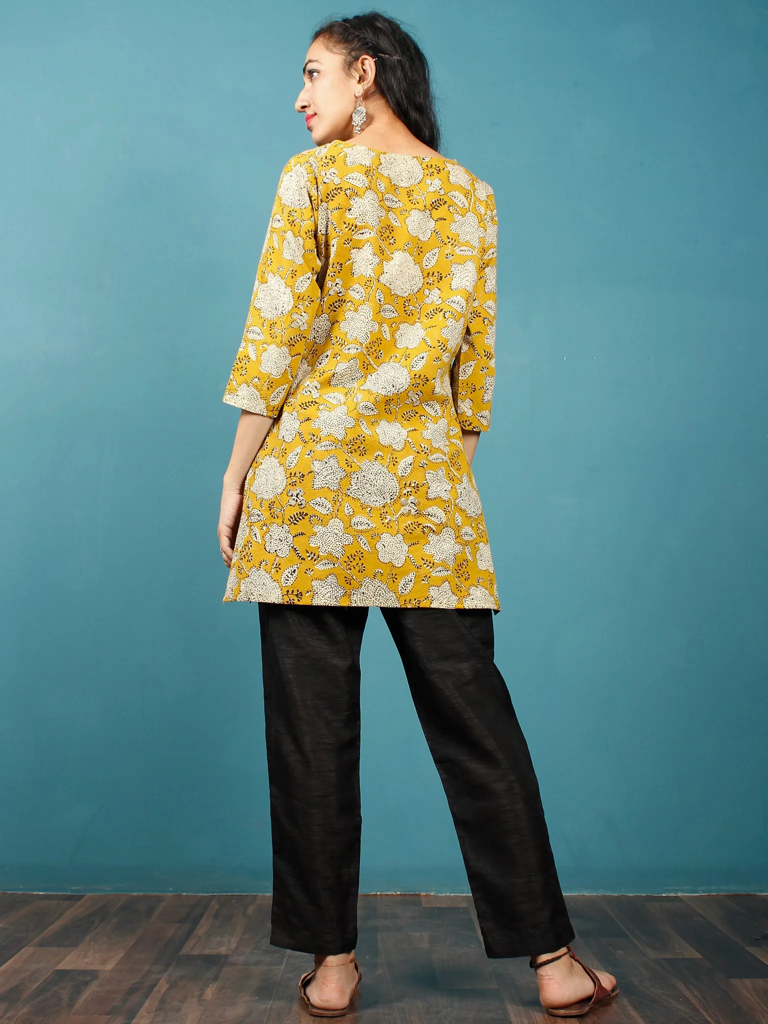 Mustard Beige Black Hand Block Printed Cotton Top - T41F1376