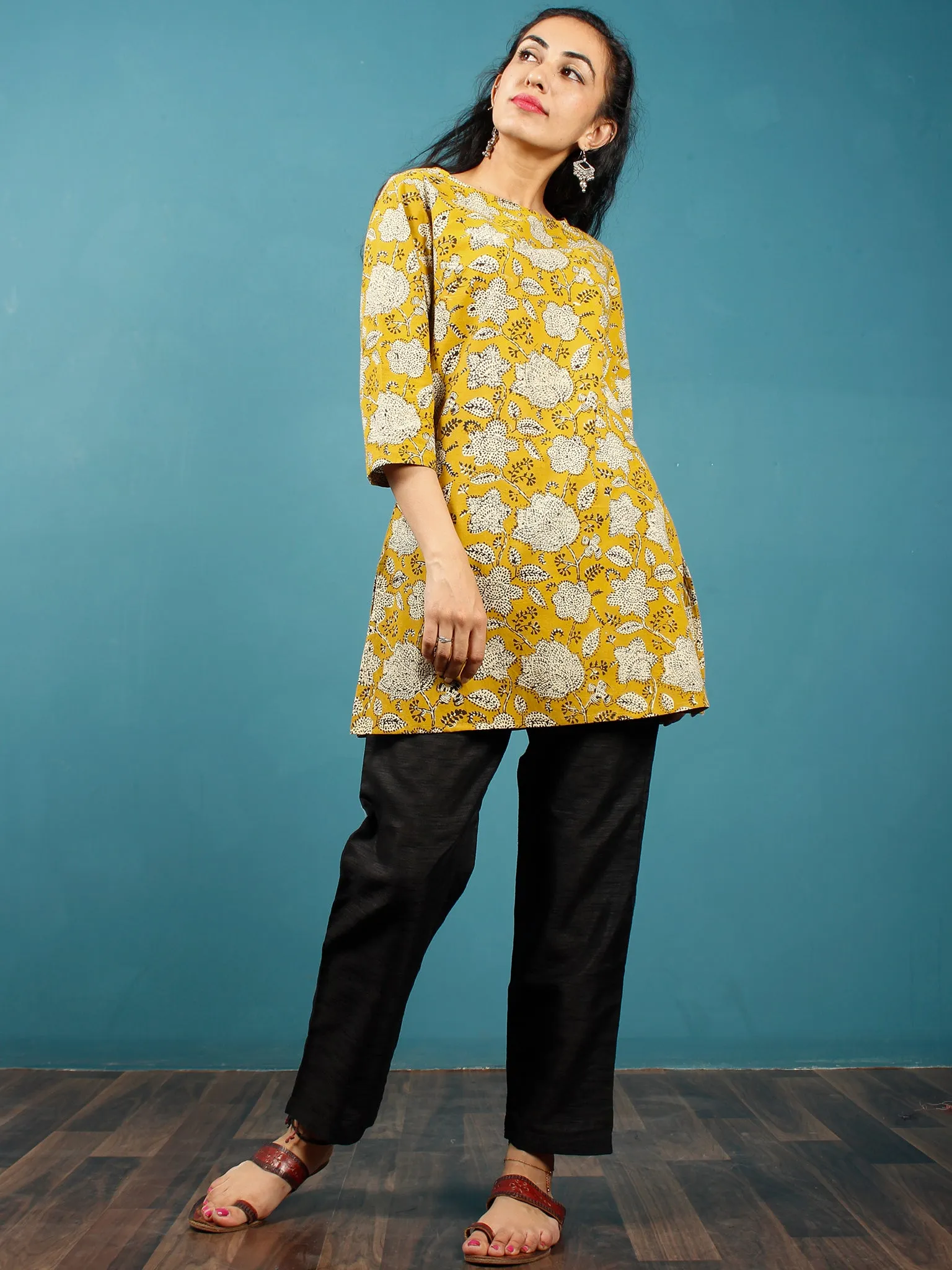 Mustard Beige Black Hand Block Printed Cotton Top - T41F1376