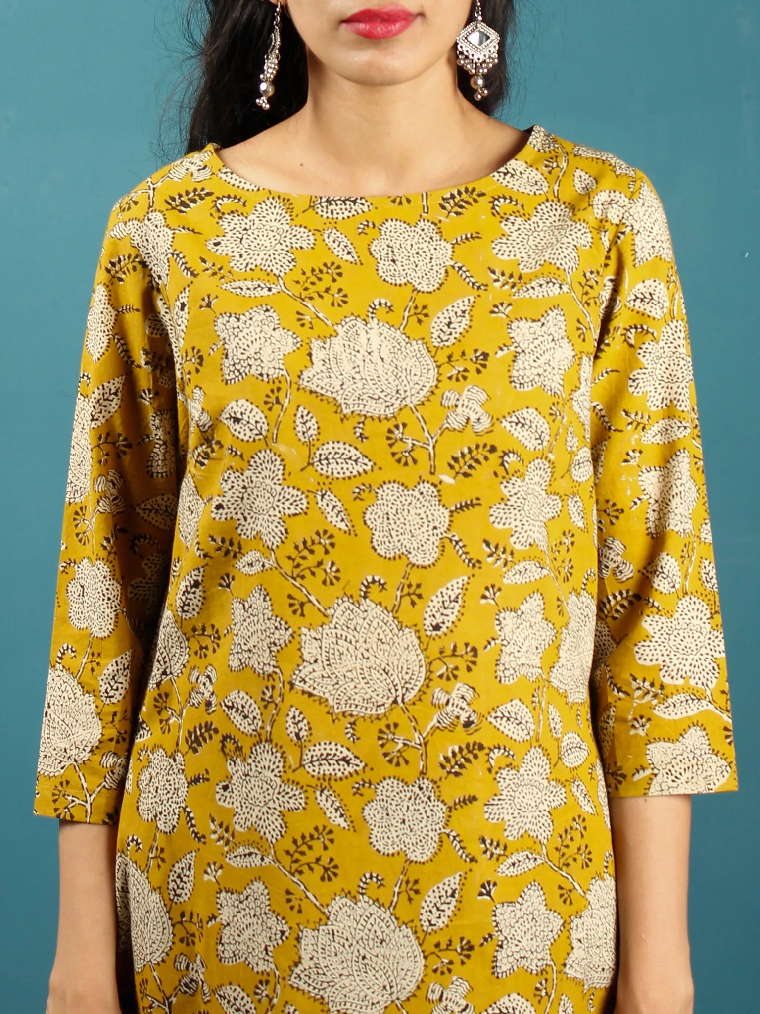 Mustard Beige Black Hand Block Printed Cotton Top - T41F1376