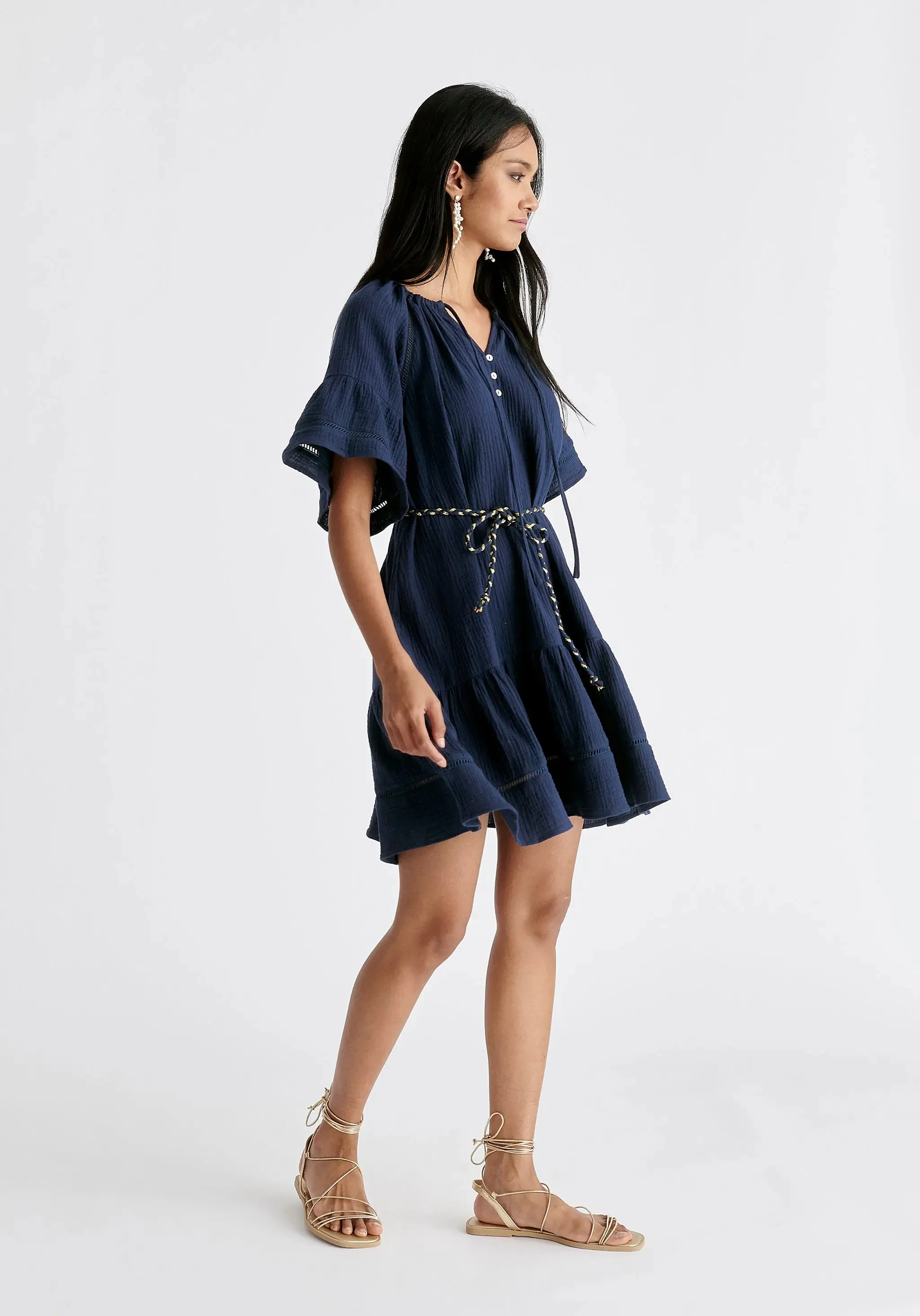 Navy Cheesecloth Swing Dress