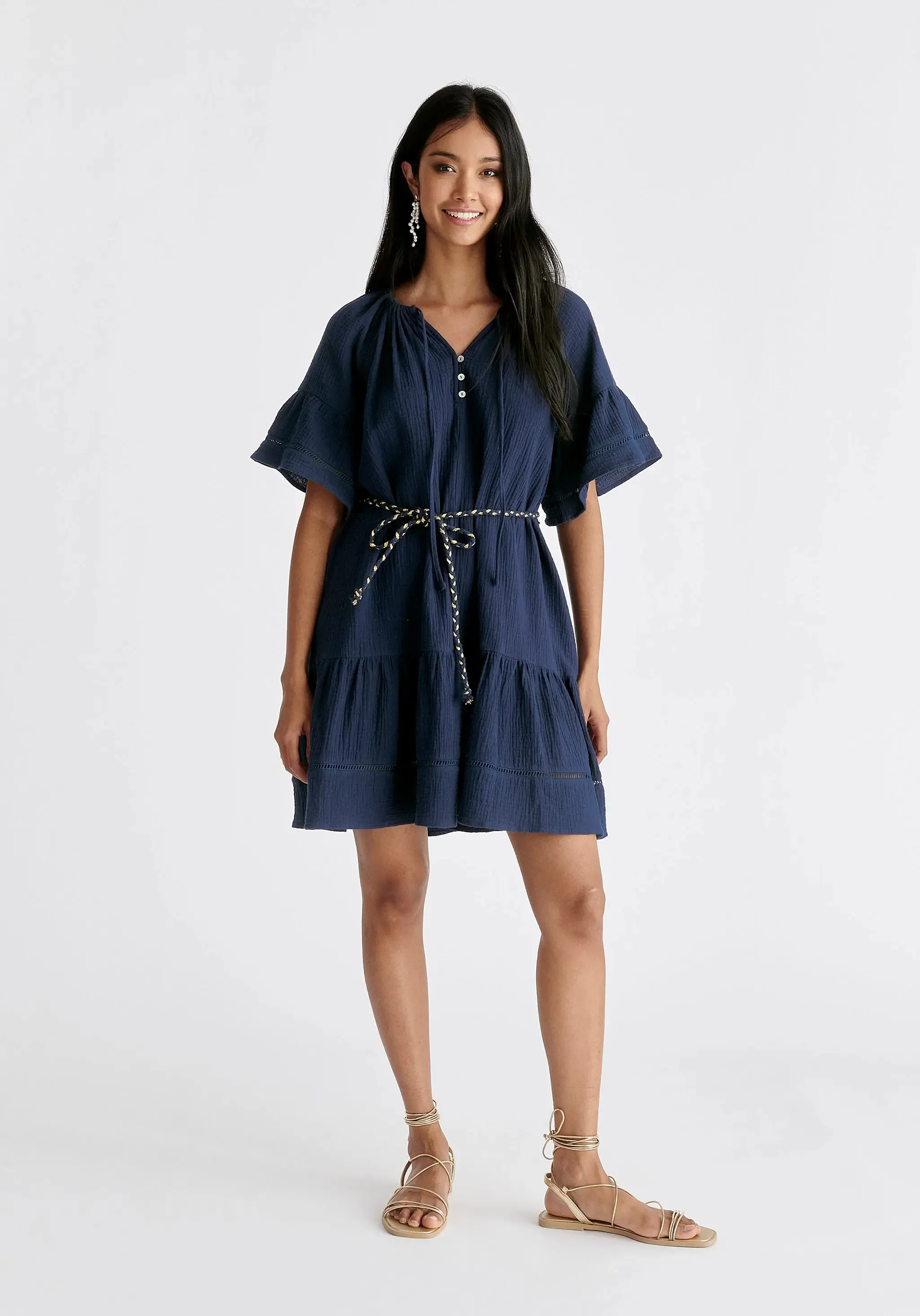 Navy Cheesecloth Swing Dress