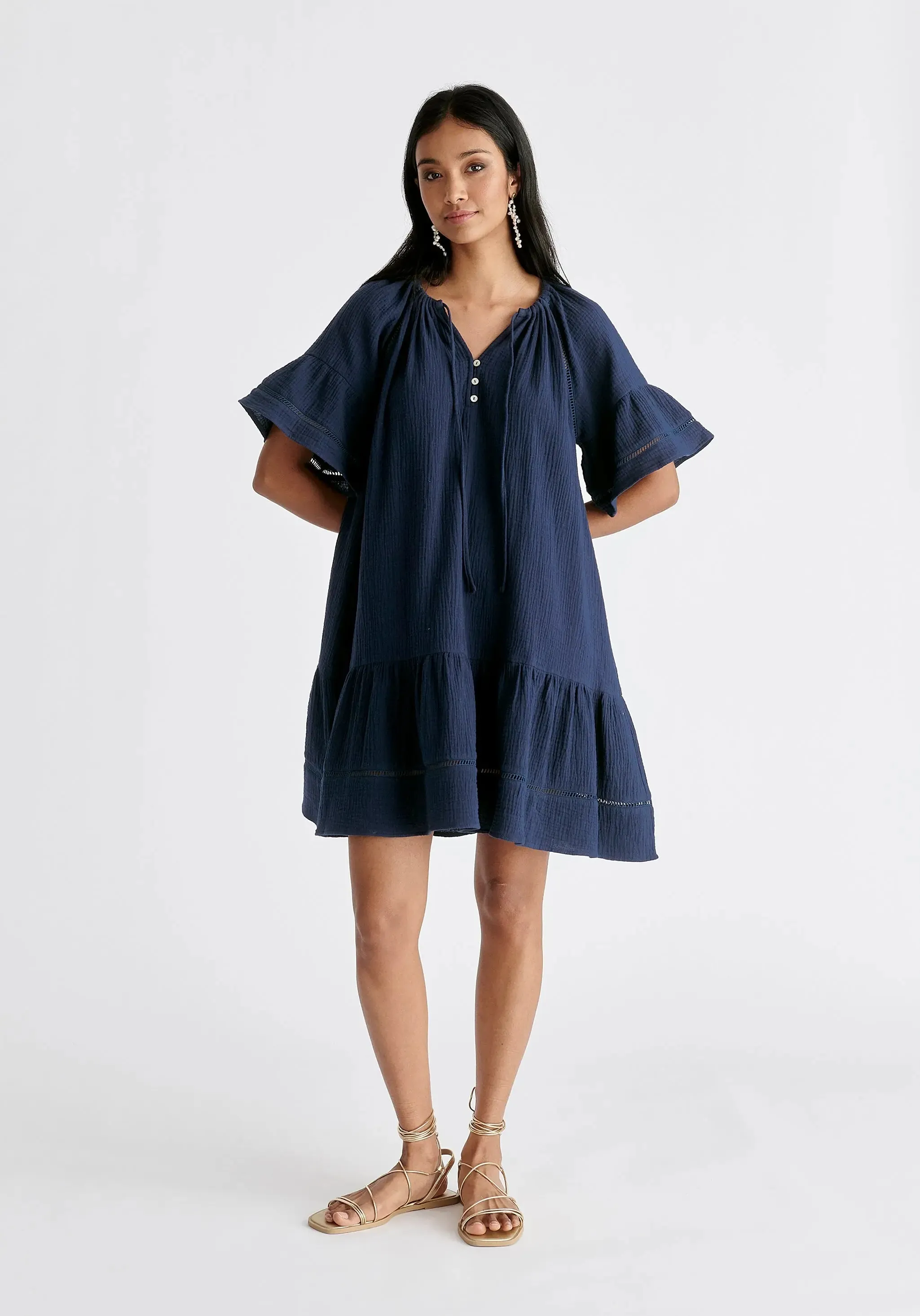 Navy Cheesecloth Swing Dress