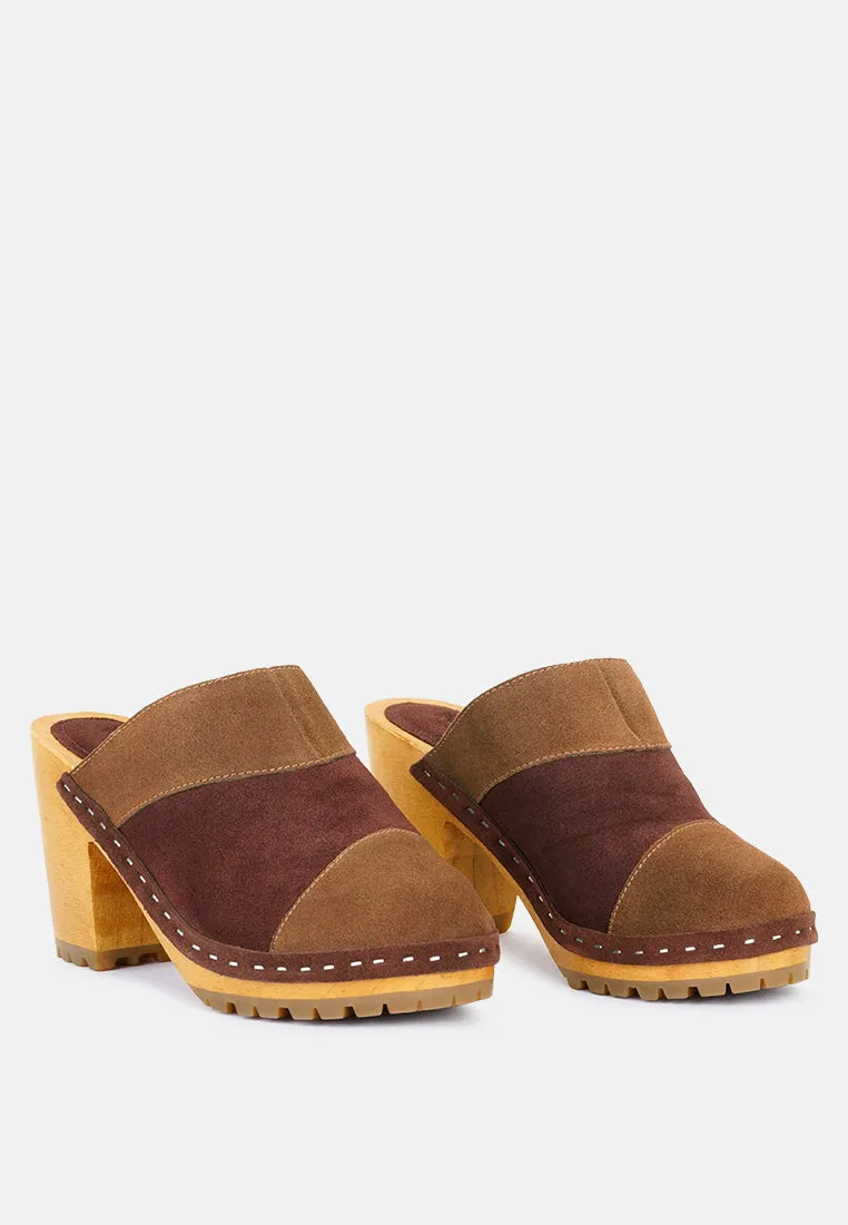 OCHROMA Vintage Patchwork Suede Mule Clogs in Tan