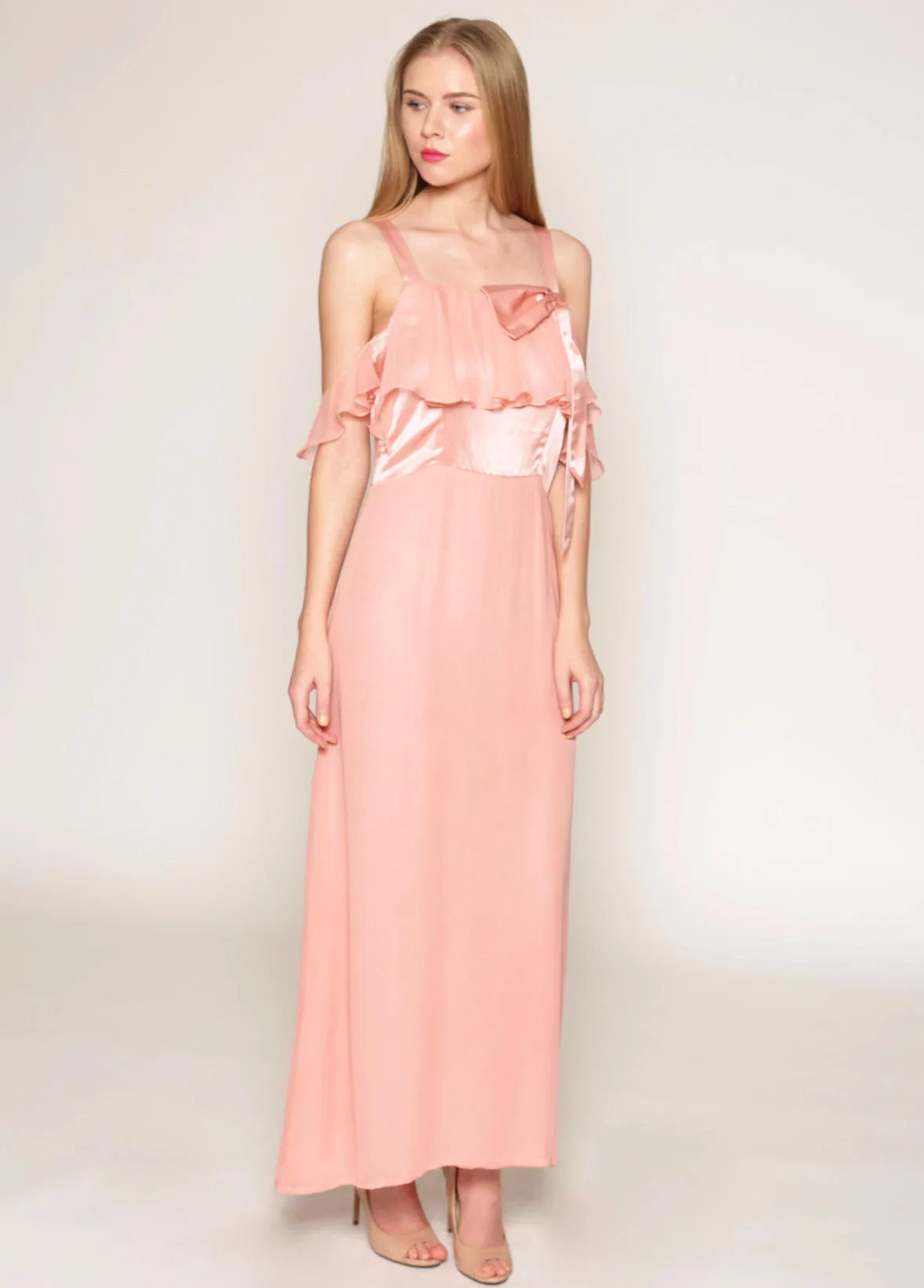 Off-shoulder sleeves, bowtie detail long silk dress