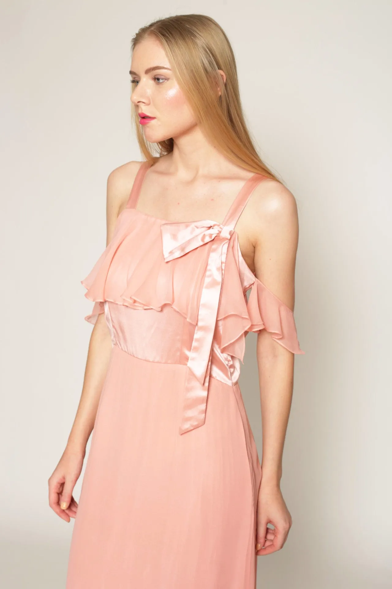 Off-shoulder sleeves, bowtie detail long silk dress