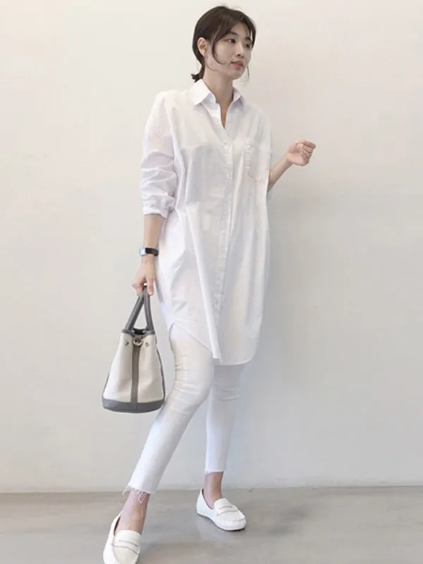 Office Long Sleeves Solid Color Lapel Blouses Shirt Dress