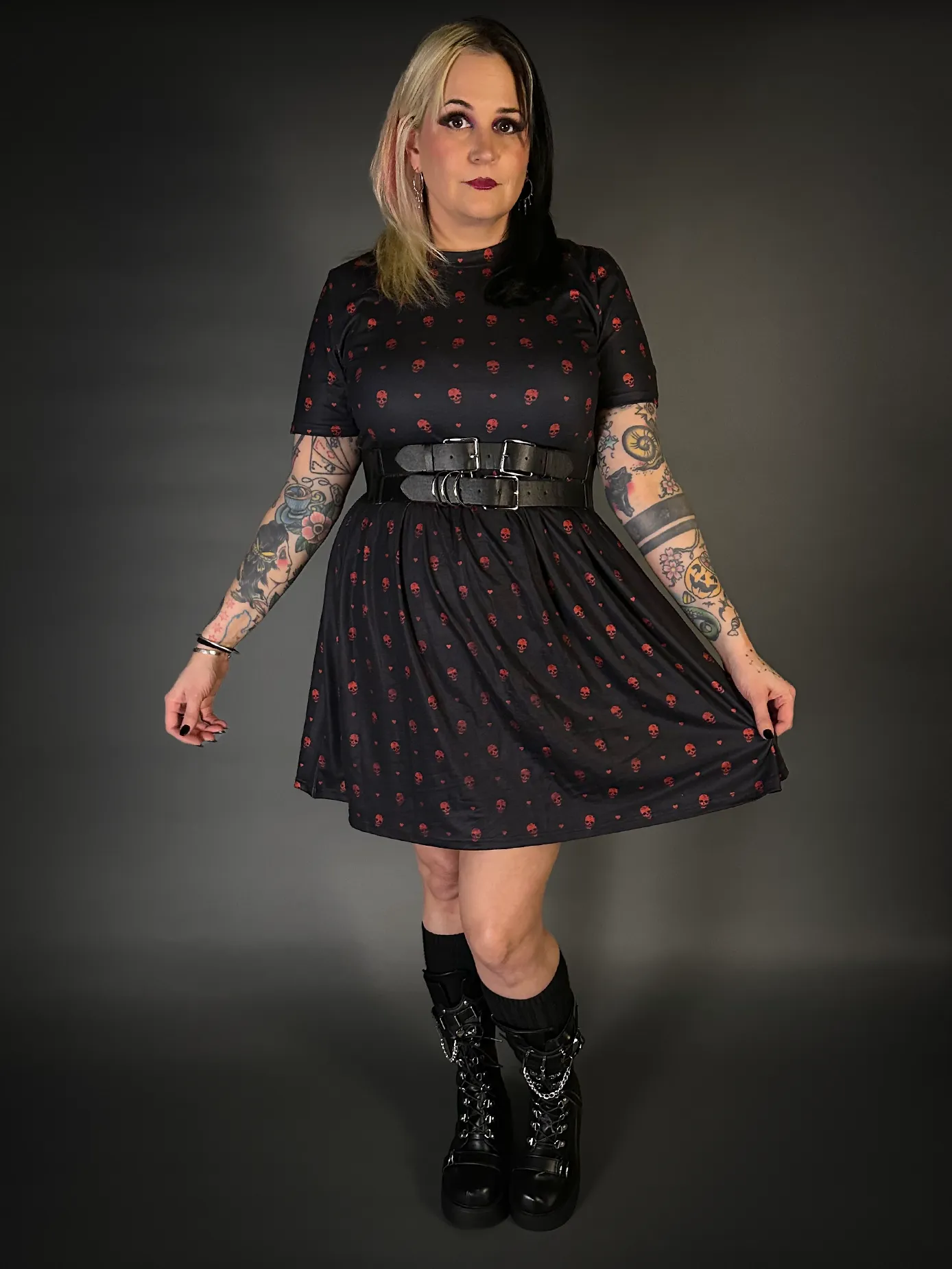 Outfit Set - Tommyrot "Hearts & Skulls" Skater Dress & Double Strap Corset Belt