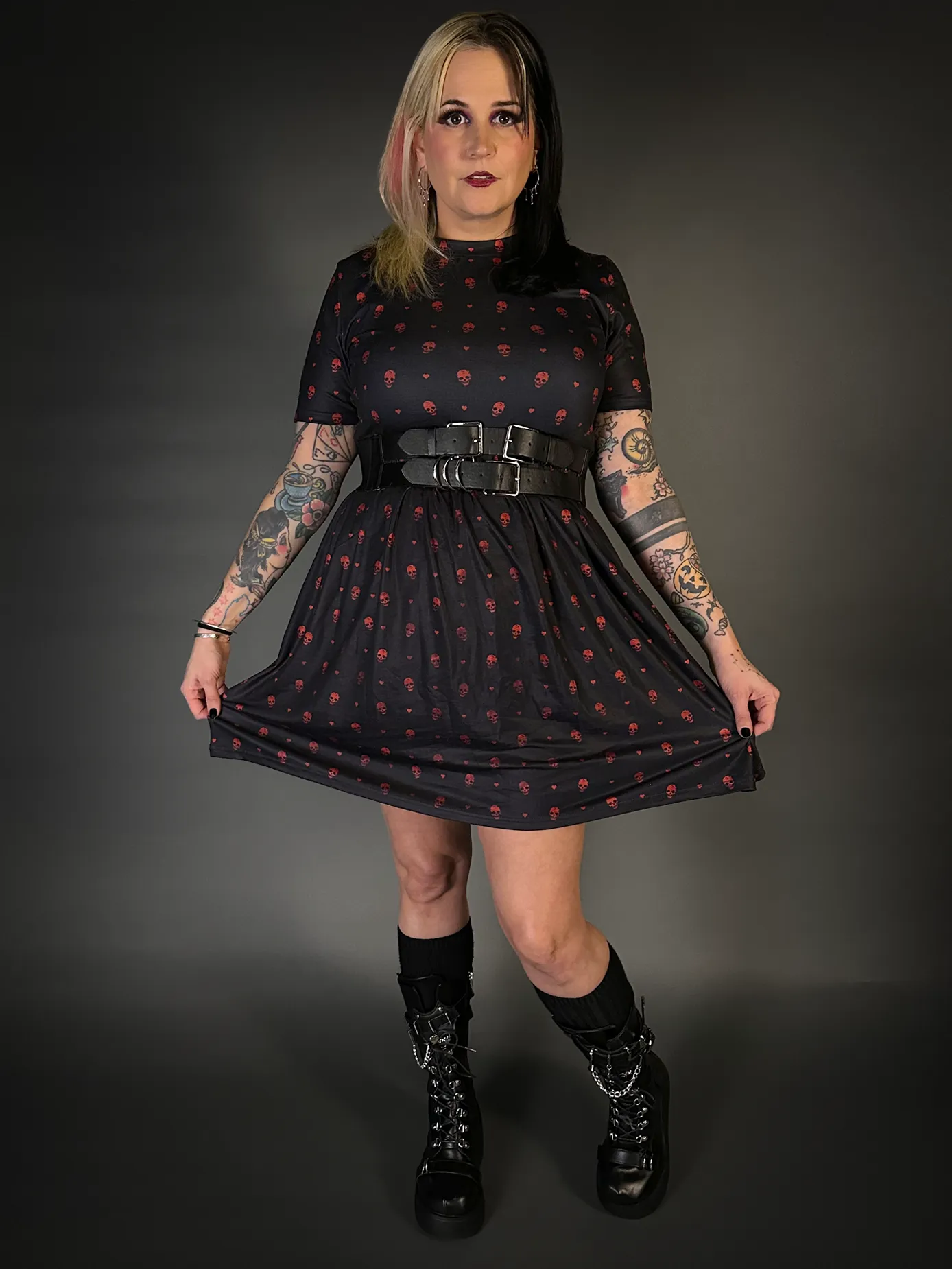 Outfit Set - Tommyrot "Hearts & Skulls" Skater Dress & Double Strap Corset Belt