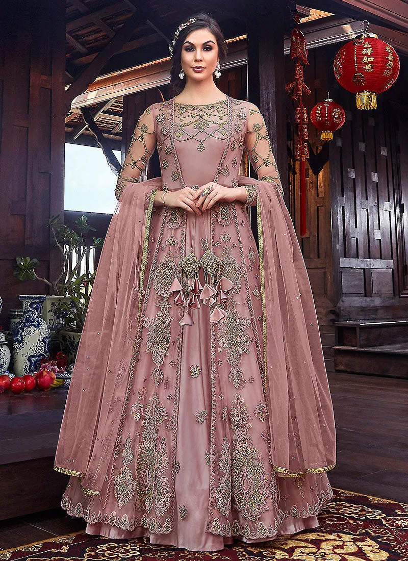 Pink Floral Embroidered Anarkali Suit With Jacket