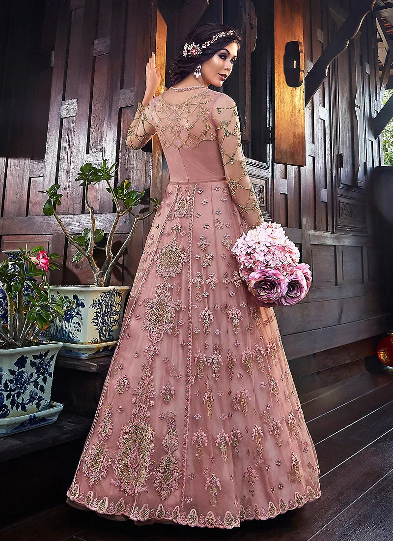 Pink Floral Embroidered Anarkali Suit With Jacket