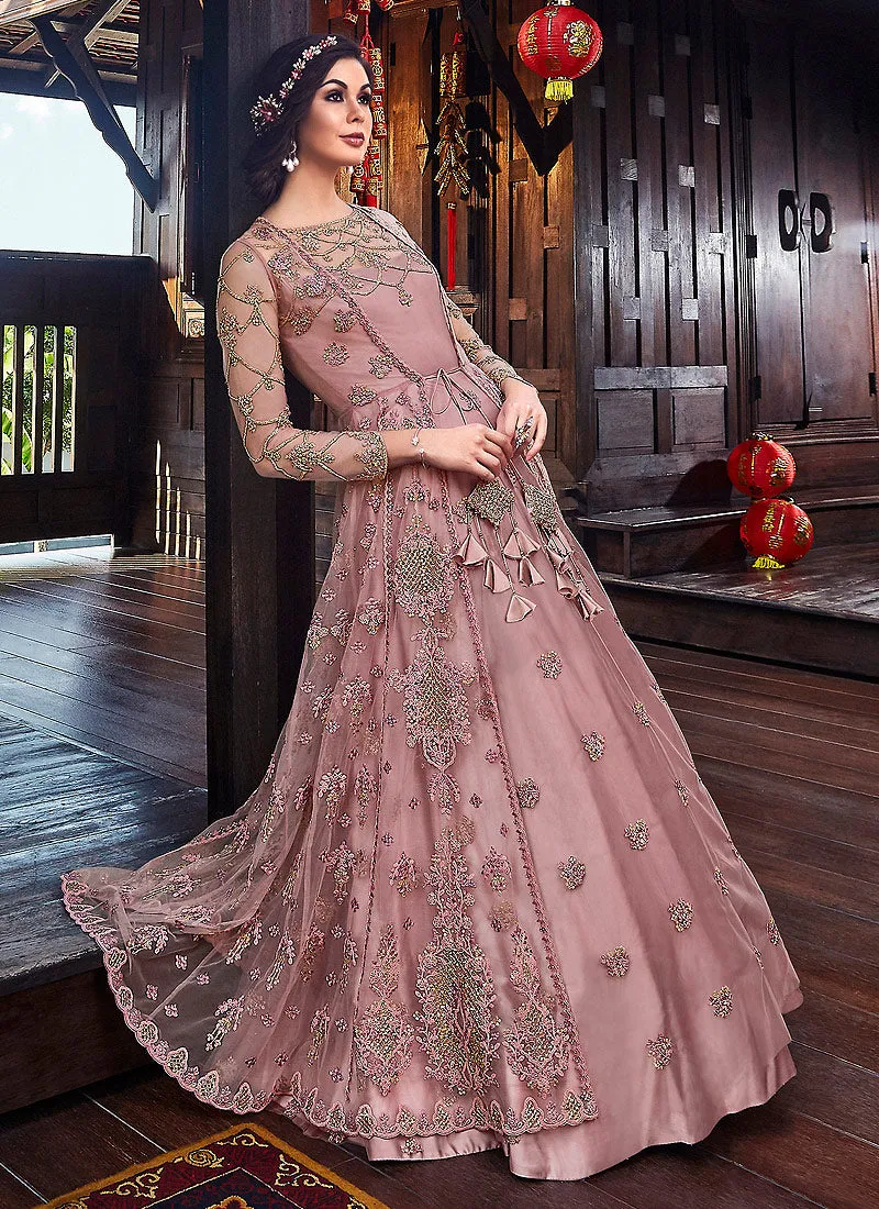 Pink Floral Embroidered Anarkali Suit With Jacket