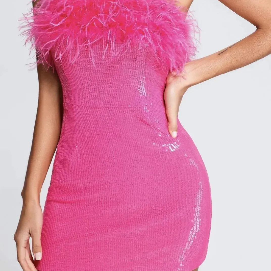 Pink Sequin Feather Trim Strapless Dress