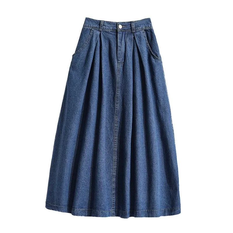 Pleated High Waist Denim Skirt