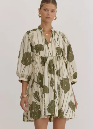 Printed 3/4 Sleeve Mini Dress in Olive by Entro