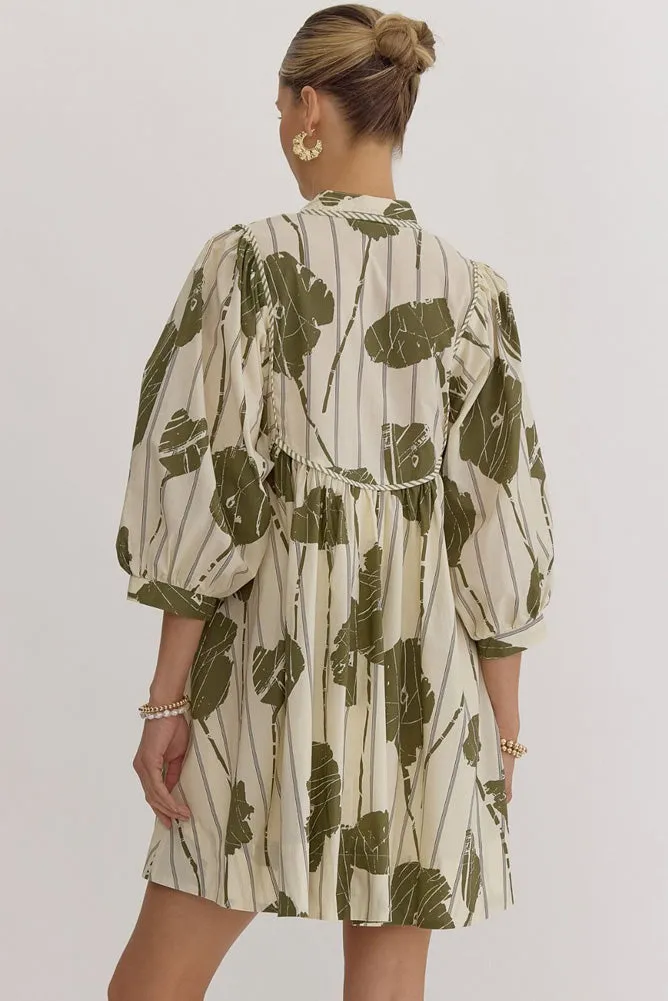 Printed 3/4 Sleeve Mini Dress in Olive by Entro